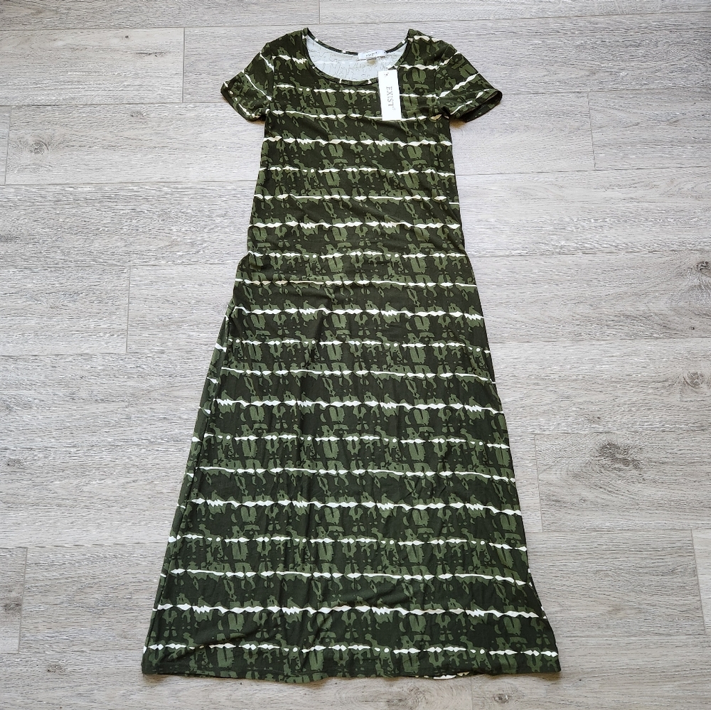 Exist Green Striped Maxi Womens Small Dress NWT Camo Short Sleeve UPF 50 - Picture 1 of 10